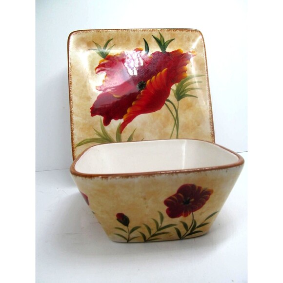 Pier 1 "Poppies" 8" Square Salad Plate And 6" Square Bowl EUC Very Nice No Issue - Picture 11 of 12